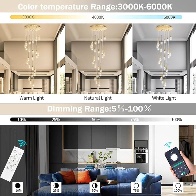 24 Light Modern Glam Crystal Chandelier for High Ceiling LED Dimmable Ceiling Pendant Light Staircase Foyer Enterway Living Room Chandelier Lighting Antique Gold