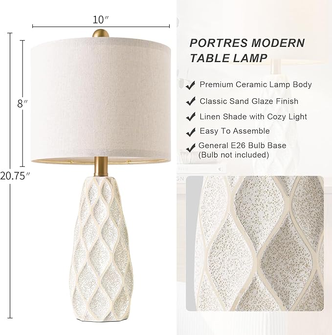 20.75" Small Table Lamps for Living Room Bedroom Lamps Set of 2 Ceramic Modern Boho Bedside Lamps Night Stands Farmhouse Vintage Nightstand Lamp Reading Light Home Office Dorm Desk Deco Gifts, White