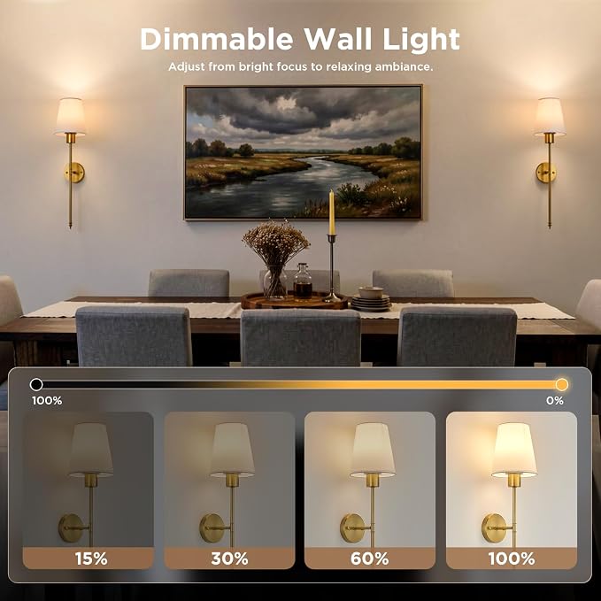 Brightown Battery Operated Wall Sconces Set of Two, RGBWW Wireless Rechargeable Wall Lights with Dimmable Magnetic Bulbs and Remote, Gold Wall Lamp for Living Room Bedroom Hallway Decor
