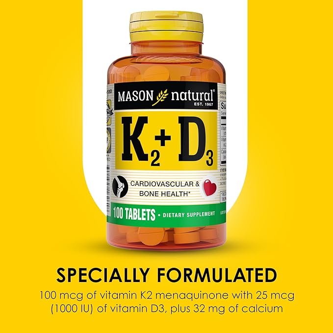 MASON NATURAL Vitamine K2 + D3, Approvisionnement de 100 jours, avec du Calcium pour un Soutien Normal des Os et des Muscles, Comprimés