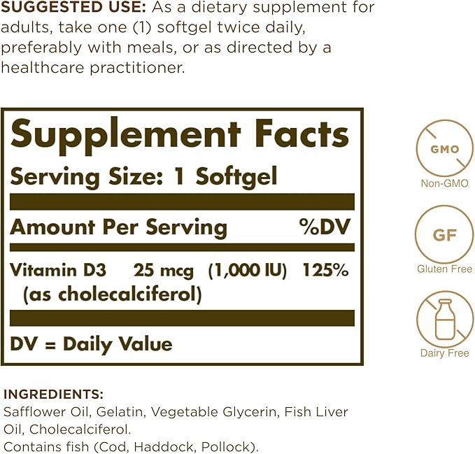 Solgar ビタミンD3（コレカルシフェロール）25mcg（1000 IU）、250ソフトジェル - 健康な骨と歯の維持をサポート - 免疫システムのサポート - 非遺伝子組み換え、グルテンフリー、乳製品不使用 - 250回分