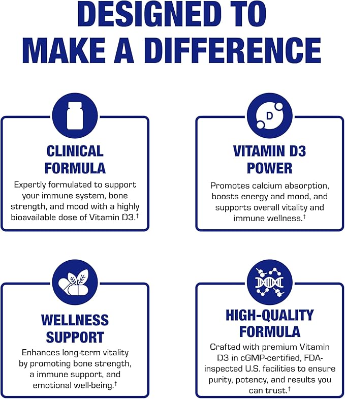 Vitamine D3 1000 UI à Absorption Élevée - Formule Clinique de Vitamine D pour Adultes Hommes et Femmes pour le Soutien des Os, des Dents, des Muscles, de l'Humeur et du Système Immunitaire - Vitamine D3 25 mcg Facile à Avaler - 100 Portions