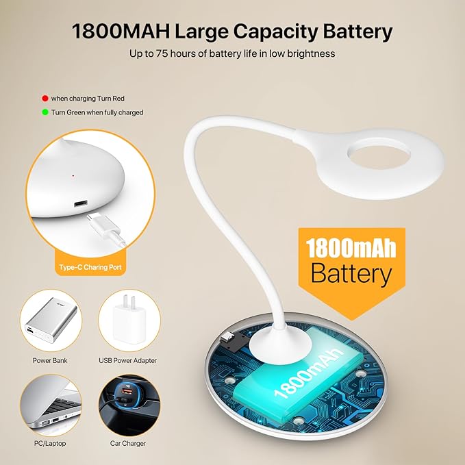 Rechargeable Desk Lamp, 3 Color Modes with Red Light Therapy & Eye Protection Orange Light, Stepless Dimming Touch Control, No Blue Light, Portable Cordless Reading Lamp for Bedroom Office Students