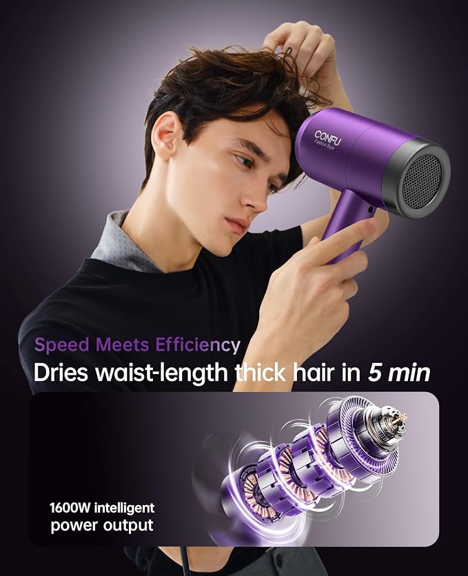 Hair Dryer with Diffuser, CONFU Ionic Blow Dryer 1600W, Portable Lightweight Fast Drying Negative Ion Hairdryer, 3 Heat Settings with Diffuser and Concentrator Nozzle for Home & Travel