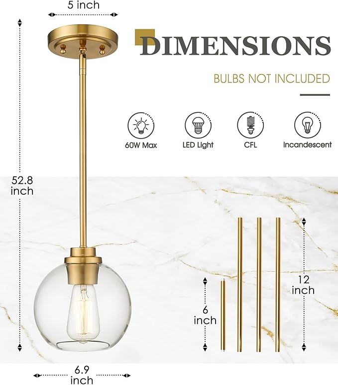 Pendant Lights Kitchen Island, Modern Gold Pendant Light with Clear Glass Globe Shade, Farmhouse Hanging Light Fixtures for Dining Room Entryway, AD-22280-1P-GD-C
