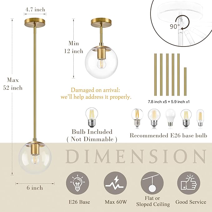 Bagood 6" Globe Pendant Light Gold 2 Pack Mid Century Pendant Light Globe Pendant Lights Kitchen Island Brushed Brass Finished with Clear Glass Adjustable Ceiling Light Fixtures for Dining Room Bar