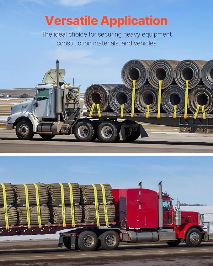 VEVOR Winch Straps, 4" x 40', 6000 lbs Load Capacity, 18000 lbs Break Strength, Truck Straps with Flat Hook, Flatbed Tie Downs Cargo Control for Trailers, Farms, Rescues, Tree Saver, Yellow (10 Pack)