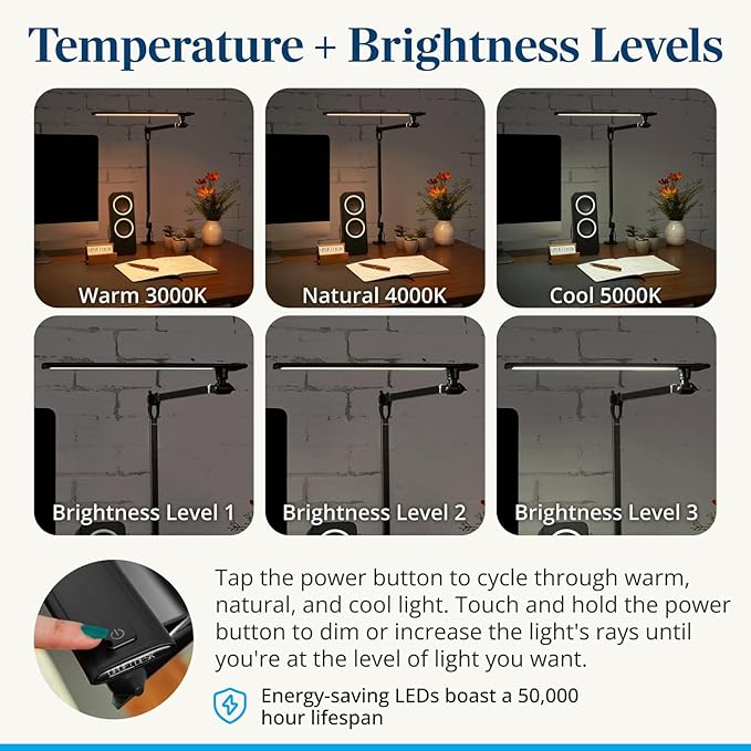 UPLIFT DESK E7 LED Desk Lamp with Clamp - Adjustable 3 Color Modes, Dimmable Black Architect Light for Standing Desk, Home Office, Dual Monitor Computer Work
