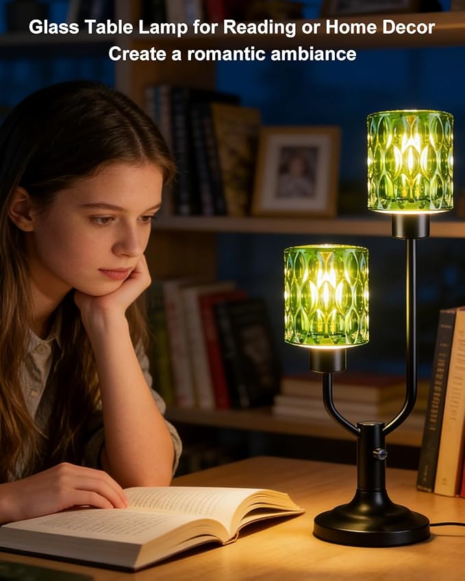 Lightdot Vintage Table Lamp for Living Room Dimmable Nightstand Lamp Mid Century Modern Green Glass Black Desk Lamp 2 Bulbs Included Warmwhite Ambient Bedside Lamps for Bedroom Home Office Decor Gift