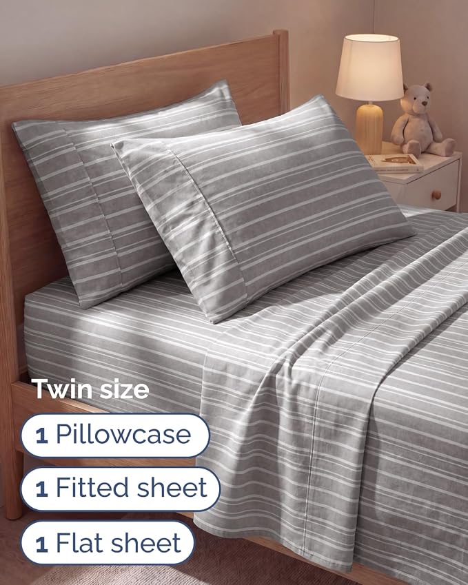 Twin 4 Piece Sheet Set - Comfy Breathable & Cooling - Soft Hotel Luxury Bedding Set with 8-16 Inch Deep Pockets - 1 Flat & 1 Fitted Sheet & 2 Pillowcases - Wrinkle Free & Easy Care - Grey Stripes 3
