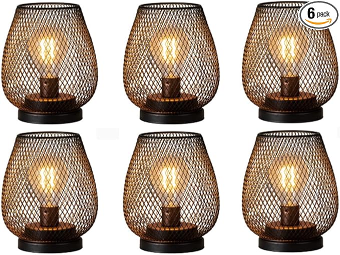 Set of 6 Battery Operated Lamp LED Table Lantern, Brown Metal Cage Cordless Lamps with LED Bulb，Vintage Decorative Outdoor Lantern for Weddings, Parties, Patio, Events for Indoors Shelf Decor