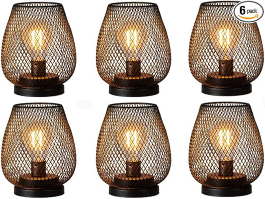 Set of 6 Battery Operated Lamp LED Table Lantern, Brown Metal Cage Cordless Lamps with LED Bulb，Vintage Decorative Outdoor Lantern for Weddings, Parties, Patio, Events for Indoors Shelf Decor