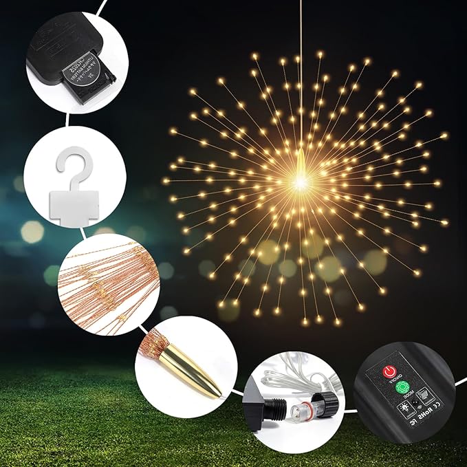 SHUKAN 5 Pcs 1000LED Solar Starburst Sphere Lights,Firework Light Remote Control Timer 8 Modes Dimmable Waterproof Hanging Fairy Light, Sparkly Lights for Patio Garden Tent Outdoor(Warm White)