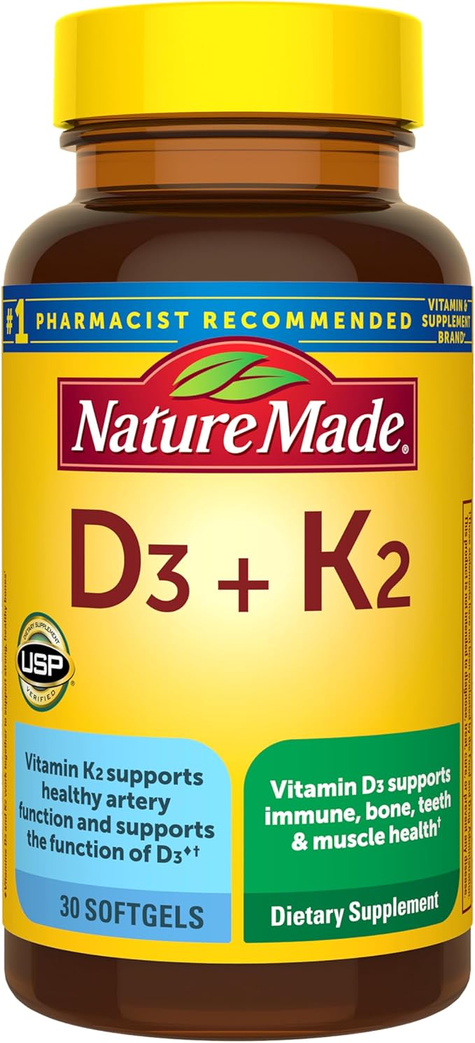 ネイチャーメイド ビタミンD3 K2 サプリメント、5000 IU (125 mcg) ビタミンD配合、骨、歯、筋肉、免疫サポート、D3とK2ソフトジェル30粒、30日分