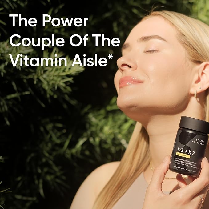 Sports Research® Vitamine D3 + K2 avec huile de noix de coco - Vitamine D végétalienne 5000 UI (125 mcg) et vitamine K MK7 100 mcg pour le soutien osseux et immunitaire - Certifié végétalien · Sans OGM · Sans soja - 30 gélules molles