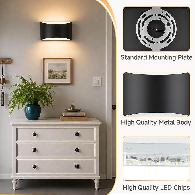 MATAMEYE Modern LED Wall Sconce Set of 2, Matte Black Indoor Wall Lighting Fixture with 3 Colors Temperatures, 10W Up/Down Hardwired Wall Mount Lamp for Bedroom Living Room Hallway