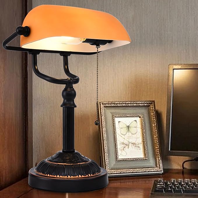 Bankers Desk Lamp with USB-A Port, Rustic Desk Lamp Pull Chain with Yellow Glass Shade, Vintage Banker's Desk Lamp Oil Rubbed Bronze for Home Office Library