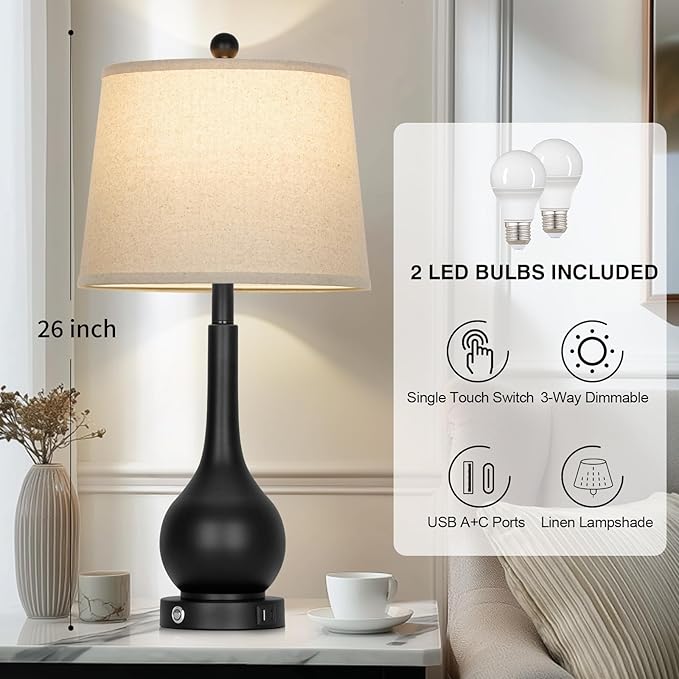Rinweey 26" Black Table Lamps Set of 2, Touch Control Lamps for Living Room, 3-Way Dimmable Bedroom Bedside Lamps for Nightstands with USB A+C Port (2 LED Bulbs Included)