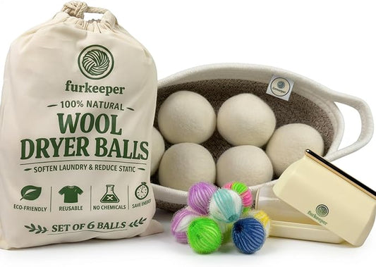 Pet Hair Remover Laundry Bundle - Washable Gel Lint Roller, Wool Dryer Balls, Dog & Cat Hair Catcher Washer Balls & Woven Storage Basket
