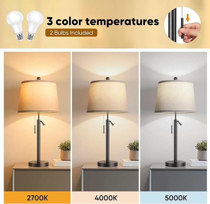 PARTPHONER Bedside Table Lamps Set of 2, Tall Black Table Lamps for Living Room, Height Adjustable Nightstand Lamps for Bedroom, Modern Lamps with Pull Chain for End Table Office(LED Bulbs Included)