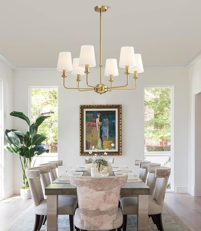 6-Light Brushed Gold Pendant Chandelier with Fabric Shades, E12 Base - Farmhouse & Industrial Style for Kitchen, Living Room, Dining Room, or Bedroom Lighting