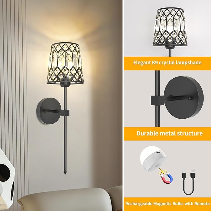 Black Battery Operated Wall Sconces Set of 2, Crystal Rechargeable Wireless Wall Sconce Lights for Home Decor, Dimmable 12 RGB and 3CCT Wall Lamps with Remote for Living Room Bedroom Hallway