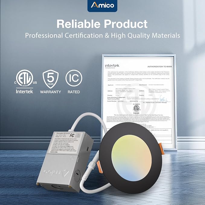 Amico 20 Pack 4 Inch 5CCT Ultra-Thin LED Recessed Ceiling Light with Junction Box, 2700K-5000K Selectable, 12W Eqv 110W, Dimmable Can-Killer Downlight, 1050LM Wafer Lighting, Black-ETL