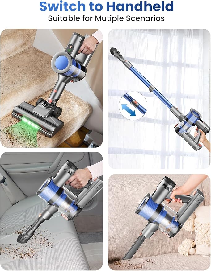 Dzaki Cordless Stick Vacuum Cleaner, 50KPa Brushless Motor Vacuum with Anti-Tangle, LED Display, 55-Min Runtime & Detachable Battery for Pet Hair, Carpet & Hardwood Floors (Blueorange)