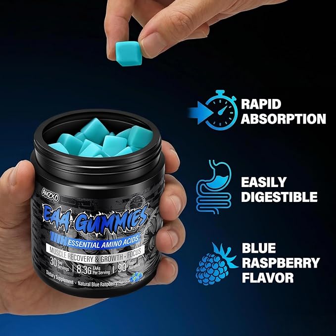 EAA Gummies - 2:1:1 BCAA Formula (8300mg) - Essential Amino Acids for Muscle Recovery & Endurance - Non-GMO, Gluten Free, Sugar Free, Vegetarian, Blue Raspberry Flavor - 90 Count