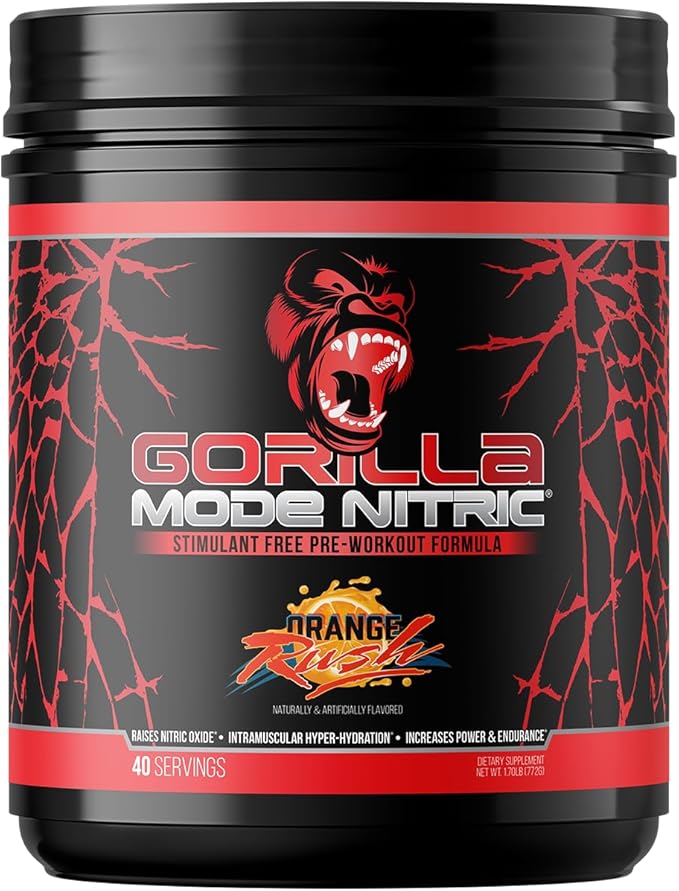Gorilla Mode Nitric Pre-Workout Stimulant Free Amélioré – Le meilleur goût et le plus efficace des Pre-Workouts Sans Stimulants/Pompes Massives · Vasodilatation · Puissance / 772 Grammes (Orange Rush)