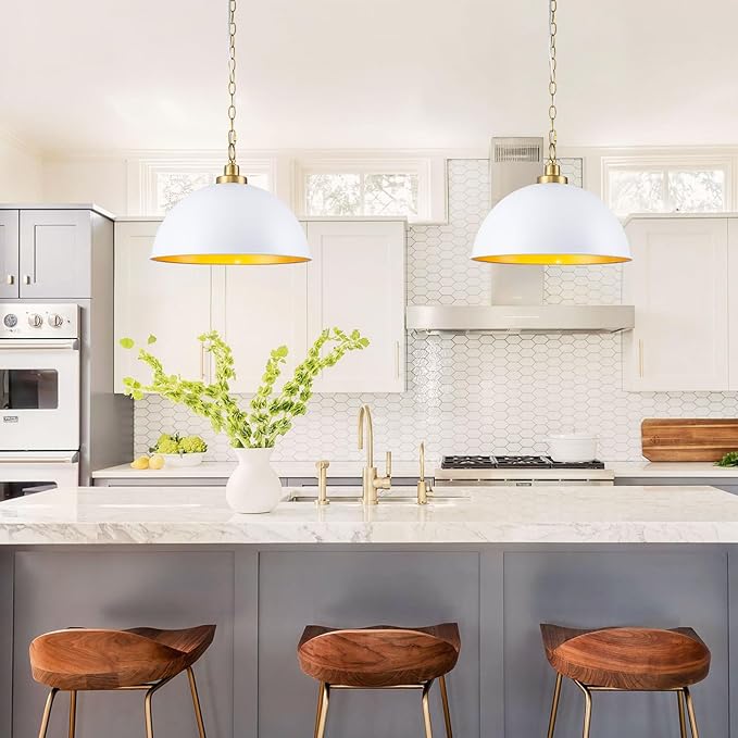 Lingkai Farmhouse Pendant Light Fixtures, 15.7" White and Gold Dome Pendant Lighting Kitchen Island, Adjustable Height Vintage Hanging Ceiling Lights for Kitchen Island Dining Room Foyer Restaurant