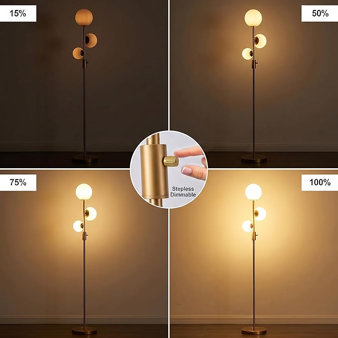 Fiqevs Dimmable 3 Globe Floor Lamp - Mid Century Modern Gold Standing Lamp with Frosted Glass Shade & LED Bulbs for Living Room, Bedroom, Office