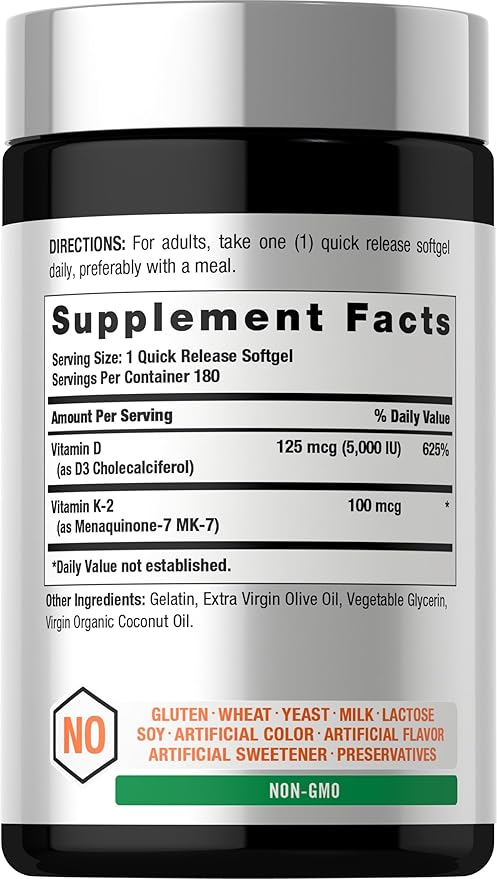 Horbäach ビタミンD3 K2 5000 IU | 100mcg MK-7 コンプレックス | 180ソフトジェルカプセル | 非遺伝子組み換え＆グルテンフリーサプリメント