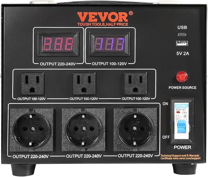 VEVOR Voltage Converter Transformer, 3000W, Heavy Duty Step Up/Down Transformer, Convert from 110 Volt to 220 Volt and from 220 Volt to 110 Volt, with US Outlet EU Outlet 5V USB Port, CE Certified