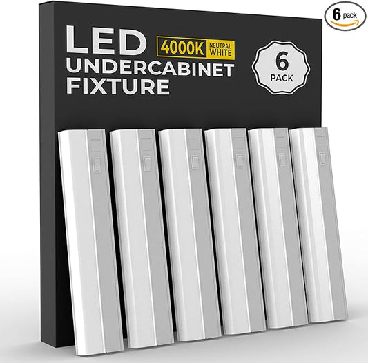 6 Pack Hardwired LED Under Cabinet Lighting - 16 Watt, 24", Dimmable, CRI>90, 4000K (Cool White), Wide Body, Long Lasting Metal Base with Frost Lens