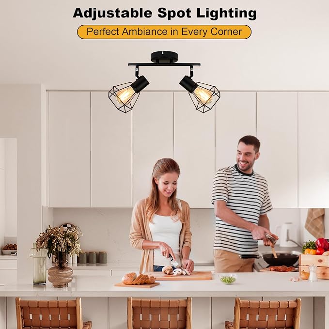 HiBay 2-Light Track Lighting Black, Rotatable Directional Ceiling Light Fixtures, Farmhouse Geometric Metal Cage Industrial Spotlight for Kitchen, Bedroom, Hallway, E26 Base (Bulbs Not Included)