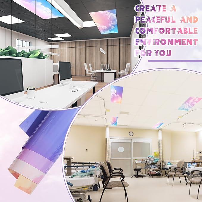Amylove 4 Pcs Fluorescent Light Covers Classroom Ceiling Panels Light Filters with Backlit Film Material for Office School, 4 x 2 Feet(Fancy Color,Colored Clouds)