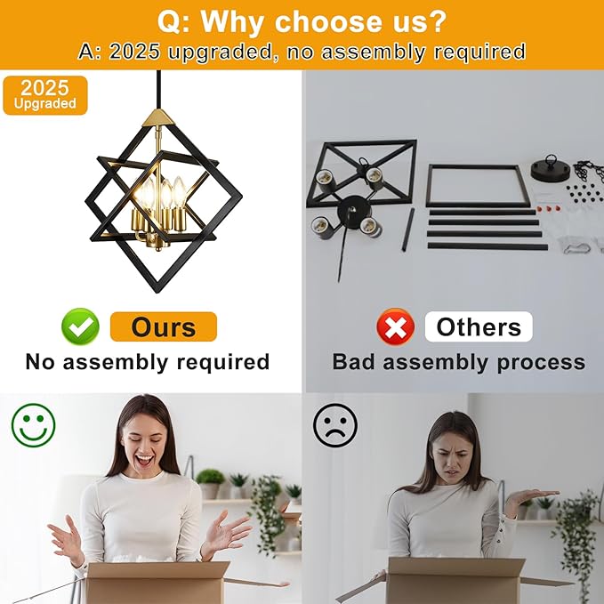 18" Modern Black and Gold Chandelier, No Assembly Required 4-Light Dining Room Light Fixture Over Table, Industrial Metal Hanging Pendant Lights Fixture for Kitchen Island, Entryway, Foyer