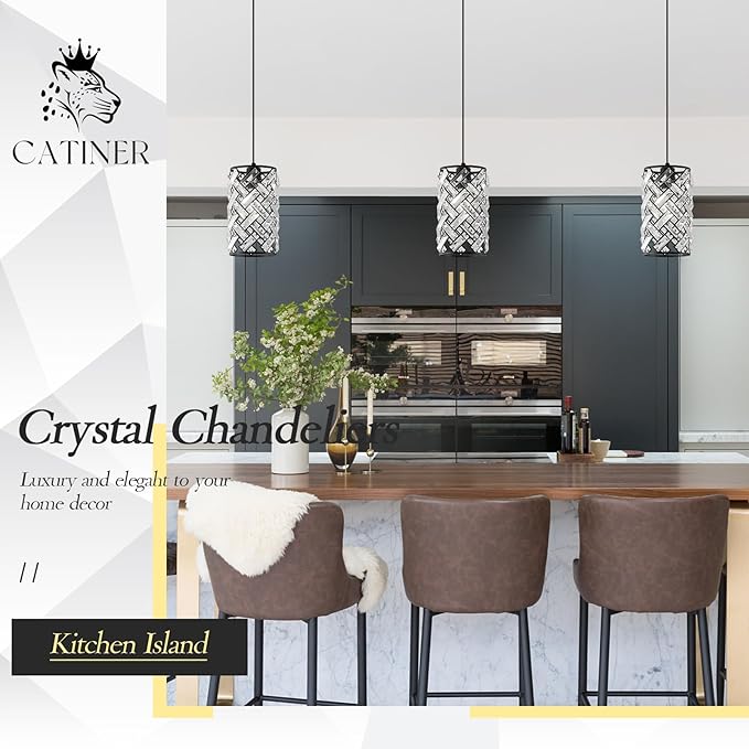 CATINER Modern Black Crystal Pendant Light Fixture - Mini Chandelier for Kitchen Island, Dining Room, Living Room, Hallway, Porch, Bedroom Lighting