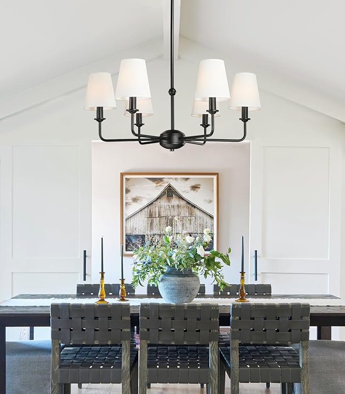 6-Light Black Pendant Chandelier with Fabric Shades, E12 Base - Farmhouse & Industrial Style for Kitchen, Living Room, Dining Room, or Bedroom Lighting