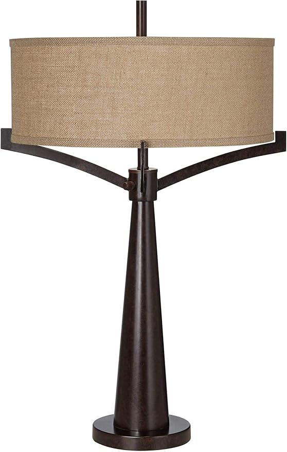Franklin Iron Works Tremont Mid Century Modern Industrial Table Lamps 31.5" Tall Set of 2 Rich Bronze Iron Burlap Fabric Drum Shade for Living Room Bedroom House Bedside Nightstand Home Office