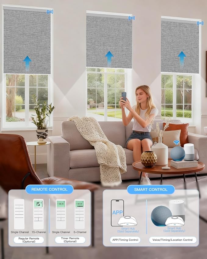 Tokblind Motorized Roller Shade with Remote Control, Blackout Electric Shade for Windows Compatible with Alexa Google via Hub, Rechargeable Smart Window Blind for Home Office (Fabric Grey)