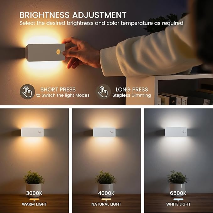 Rechargeable Battery Night Light with Motion Sensor, Cordless Battery-Powered Stick-on Magnet Toilet Lights, Soft Two-Sided Glow, 3CCT Dimmable, for Bedroom, Closet, Stairs (ABS *3pack)