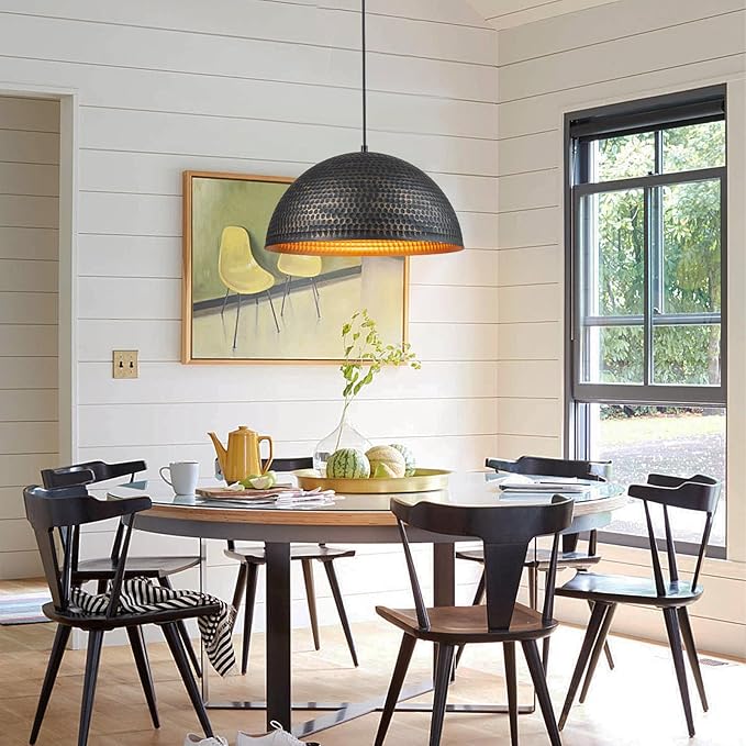 Lingkai 15.7 in. Black and Gold Hammered Pendant Light Fixtures, Industrial Metal Dome Shade, Pendant Lights Kitchen Island, Pendant Light for Kitchen Island and Dining Room