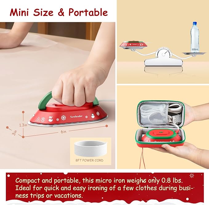 Newbealer Travel Iron Set, 100-240V Mini Dry Iron for Clothes (No Steam) | Max 300W, Heats in 60s, 302℉ Ceramic Soleplate, Handy Heat Press, 0.8lbs Lightweight for Quick Touch-ups, Classic Red w/ Case
