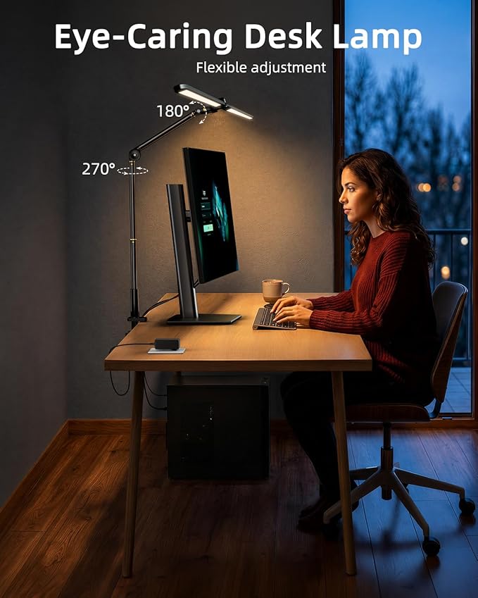 LED Desk Lamp for Home Office, Sensor Switch, 270° Rotatable & Extendable Aluminum Alloy Arm Desk Light, 24W Dimmable Lamp, 3 Color Modes Eye-Caring Dual Monitor Reading Study Task Lamp