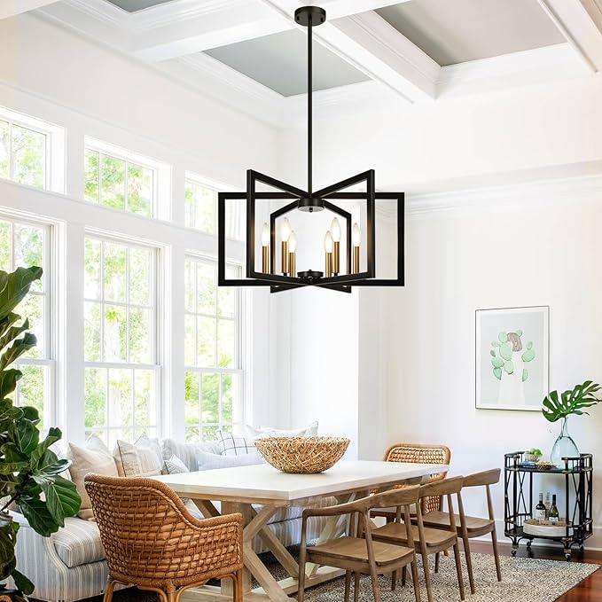 25"-61" Height Adjustable Modern Black and Gold Chandelier for Dining Room, No Assembly Required Dining Room Light Fixture Over Table, Industrial Metal Pendant Lights Fixture for Kitchen Island