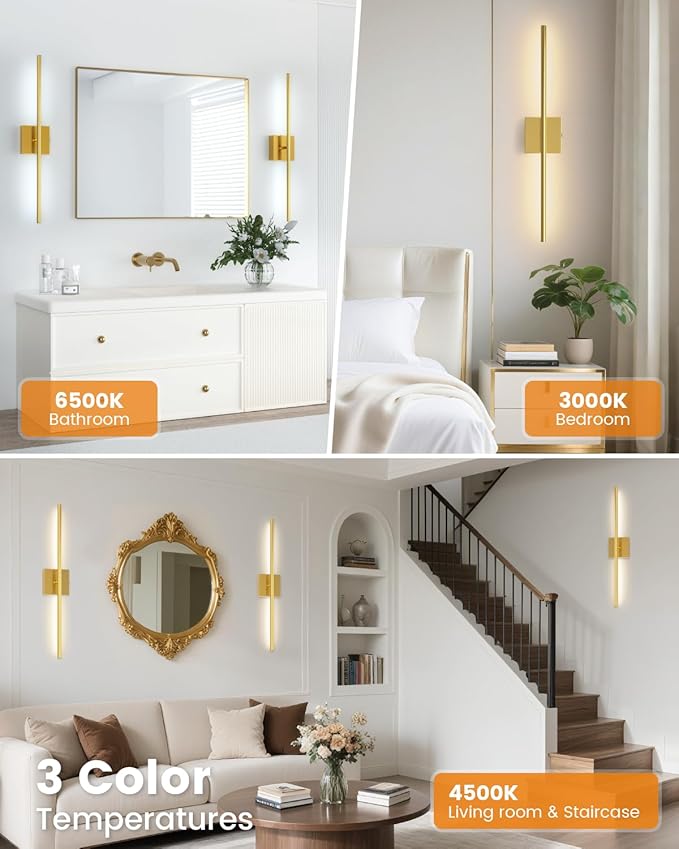 VOLISUN Battery Operated Wall Sconces Set of Two, Rechargeable Wall Sconces with Remote, 3000K-6500K Dimmable Battery Wall Sconce Decor, 27.6'' Wireless Wall Lights for Bedroom, Living Room(Gold)