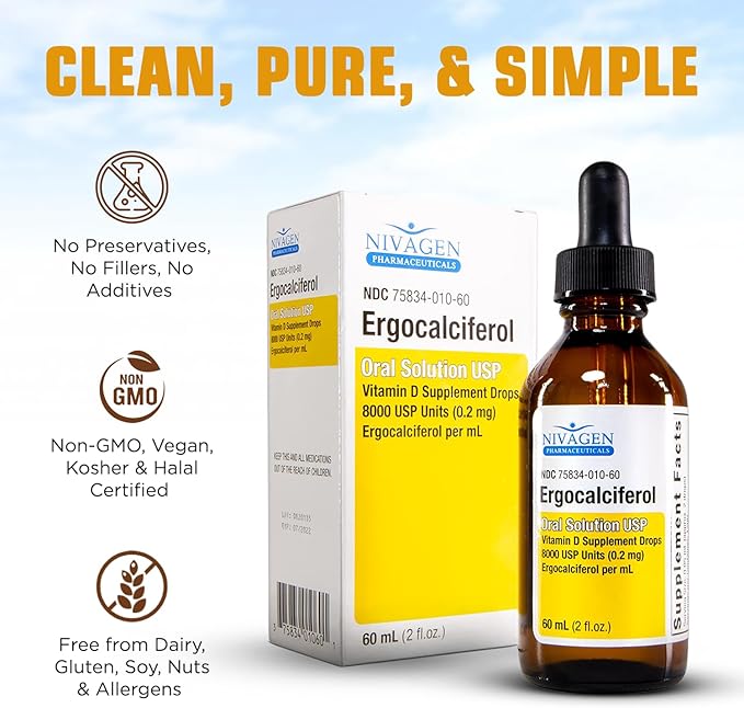 Nivagen Vitamin D2 Liquid Drops 8,000 USP (Ergocalciferol) | 400 IU per Serving | 2 Drops Once Daily | 1,200 Servings, 60ml (2 fl. oz) | Faster Absorption | Bone, Muscle & Immune Support | Made in USA