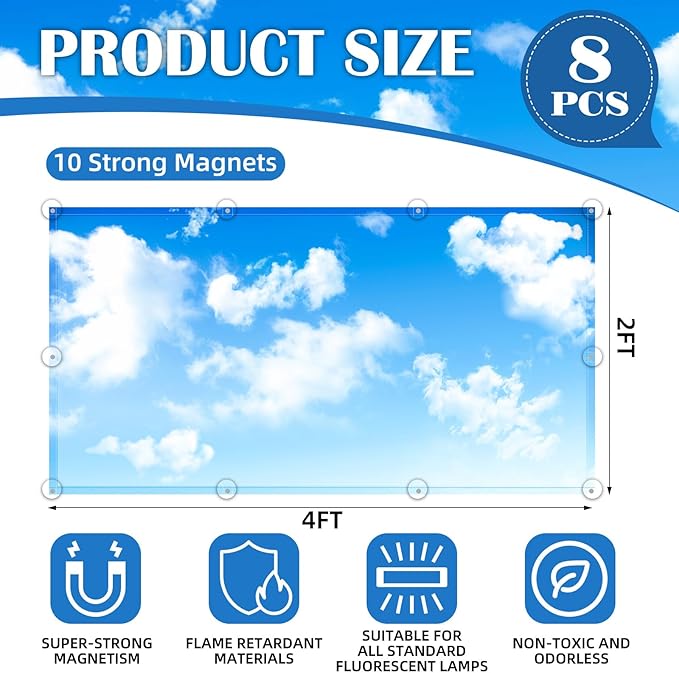 ANGSYLTH 8 Pcs Fluorescent Light Covers - 4 x 2 Feet Covers for Ceiling Lights, 8 x 10 Magnetic Light Filters for Classroom, Office, Hospitals (Blue Skies & White Clouds)